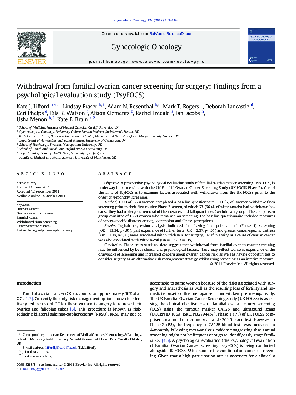 Withdrawal from familial ovarian cancer screening for surgery: Findings from a psychological evaluation study (PsyFOCS)