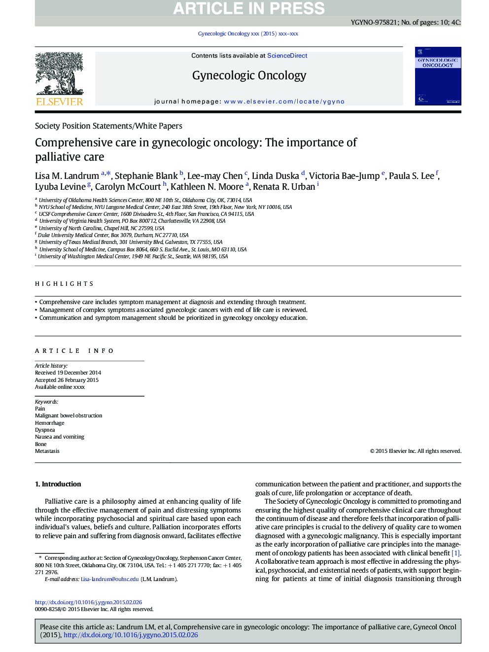 Comprehensive care in gynecologic oncology: The importance of palliative care