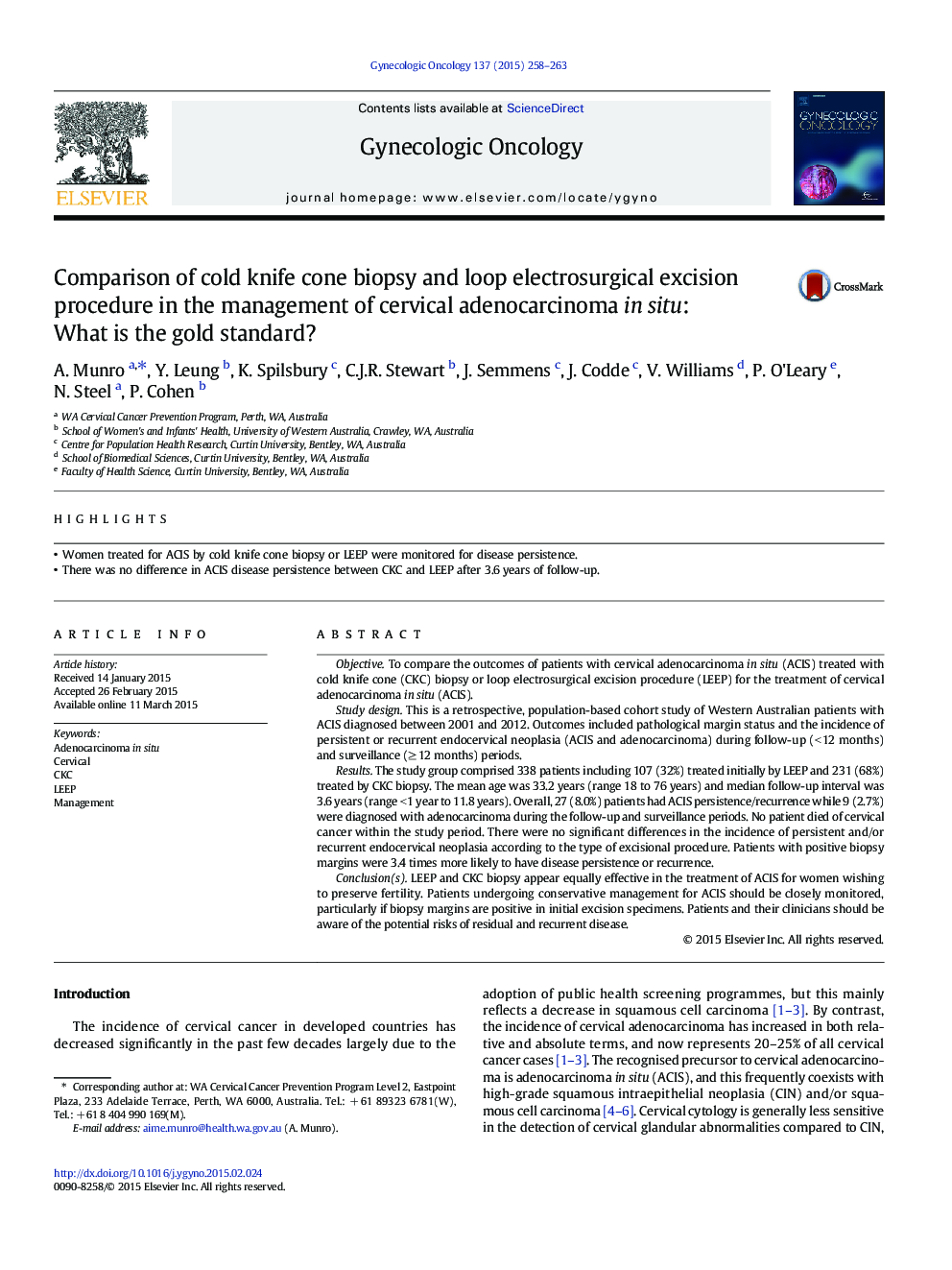 Comparison of cold knife cone biopsy and loop electrosurgical excision procedure in the management of cervical adenocarcinoma in situ: What is the gold standard?