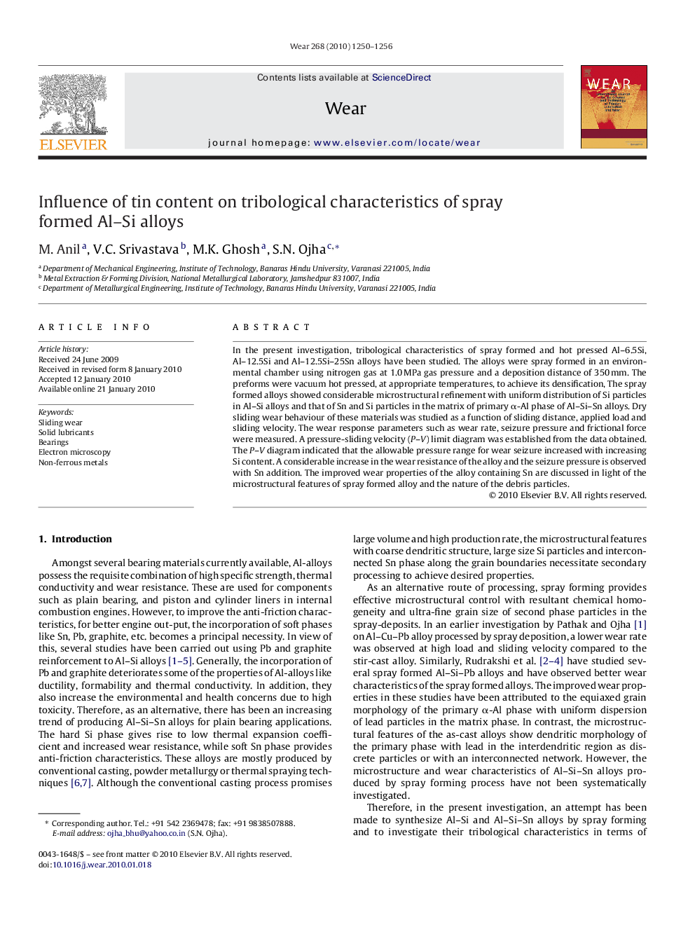 Influence of tin content on tribological characteristics of spray formed Al–Si alloys