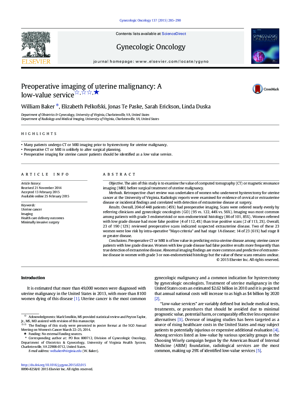 Preoperative imaging of uterine malignancy: A low-value service