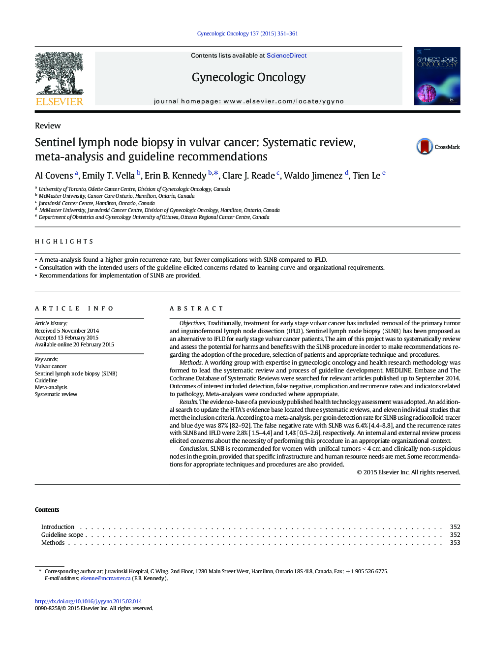 Sentinel lymph node biopsy in vulvar cancer: Systematic review, meta-analysis and guideline recommendations