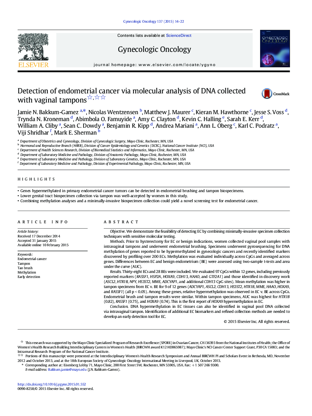 Detection of endometrial cancer via molecular analysis of DNA collected with vaginal tampons