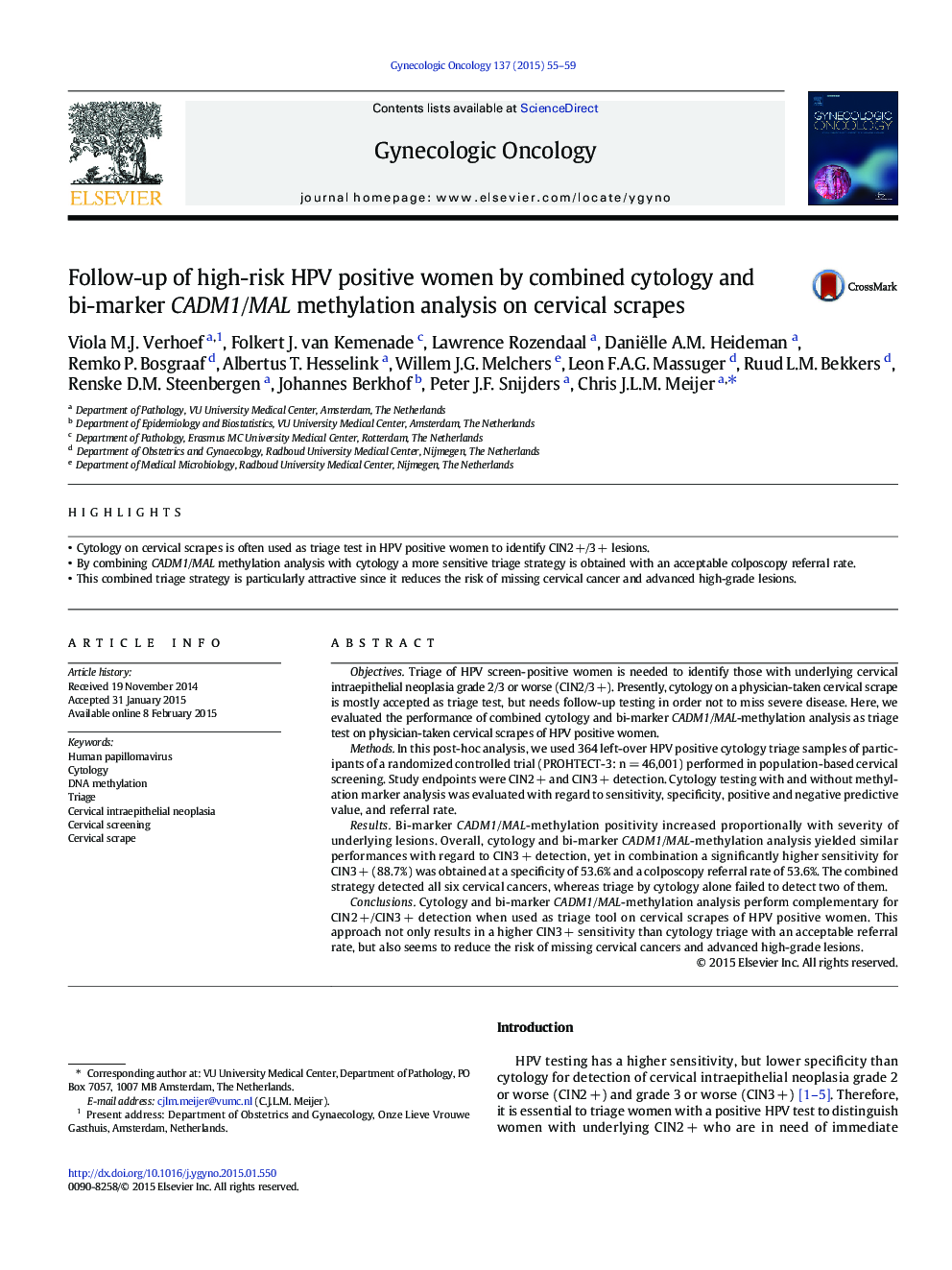 Follow-up of high-risk HPV positive women by combined cytology and bi-marker CADM1/MAL methylation analysis on cervical scrapes