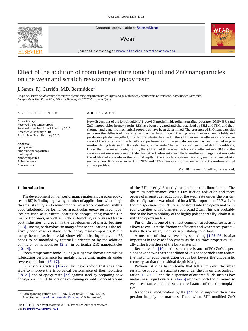 Effect of the addition of room temperature ionic liquid and ZnO nanoparticles on the wear and scratch resistance of epoxy resin