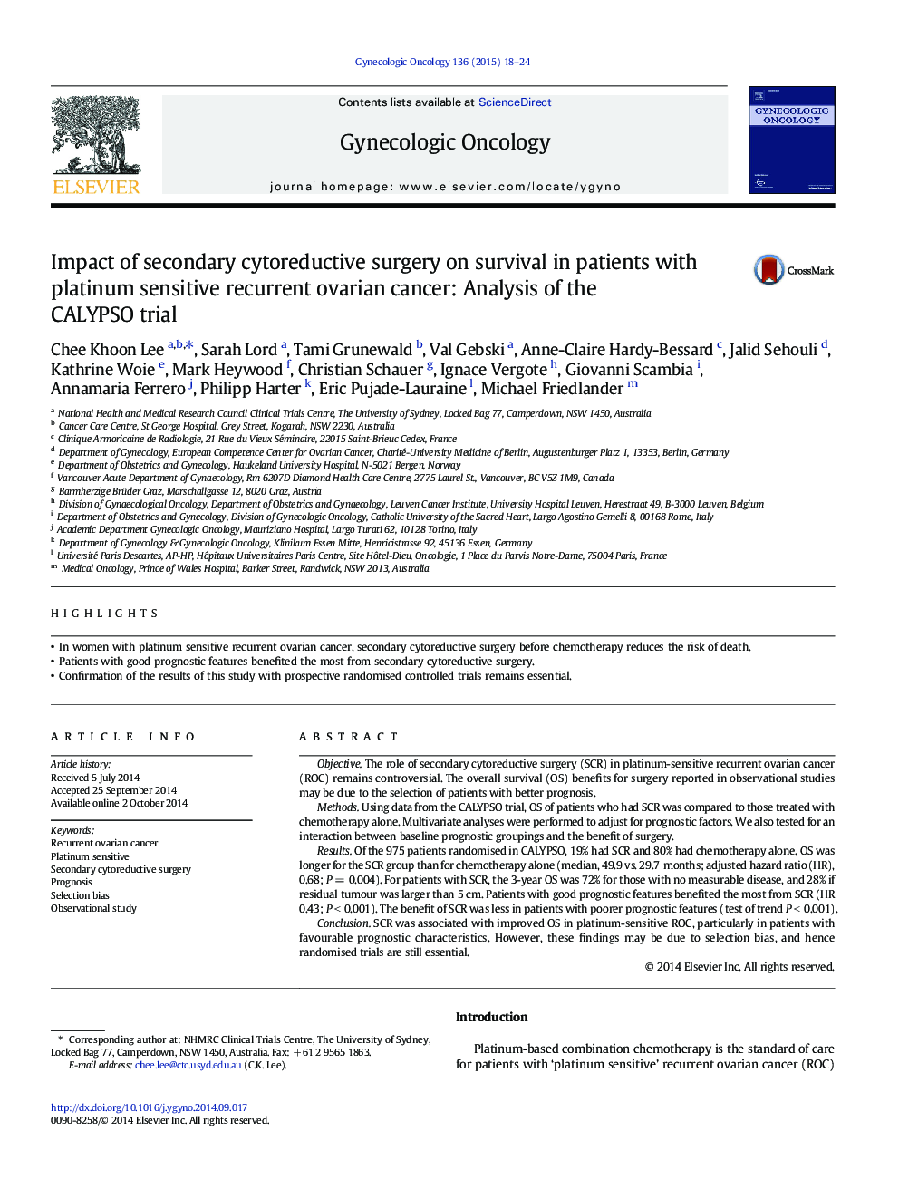 Impact of secondary cytoreductive surgery on survival in patients with platinum sensitive recurrent ovarian cancer: Analysis of the CALYPSO trial