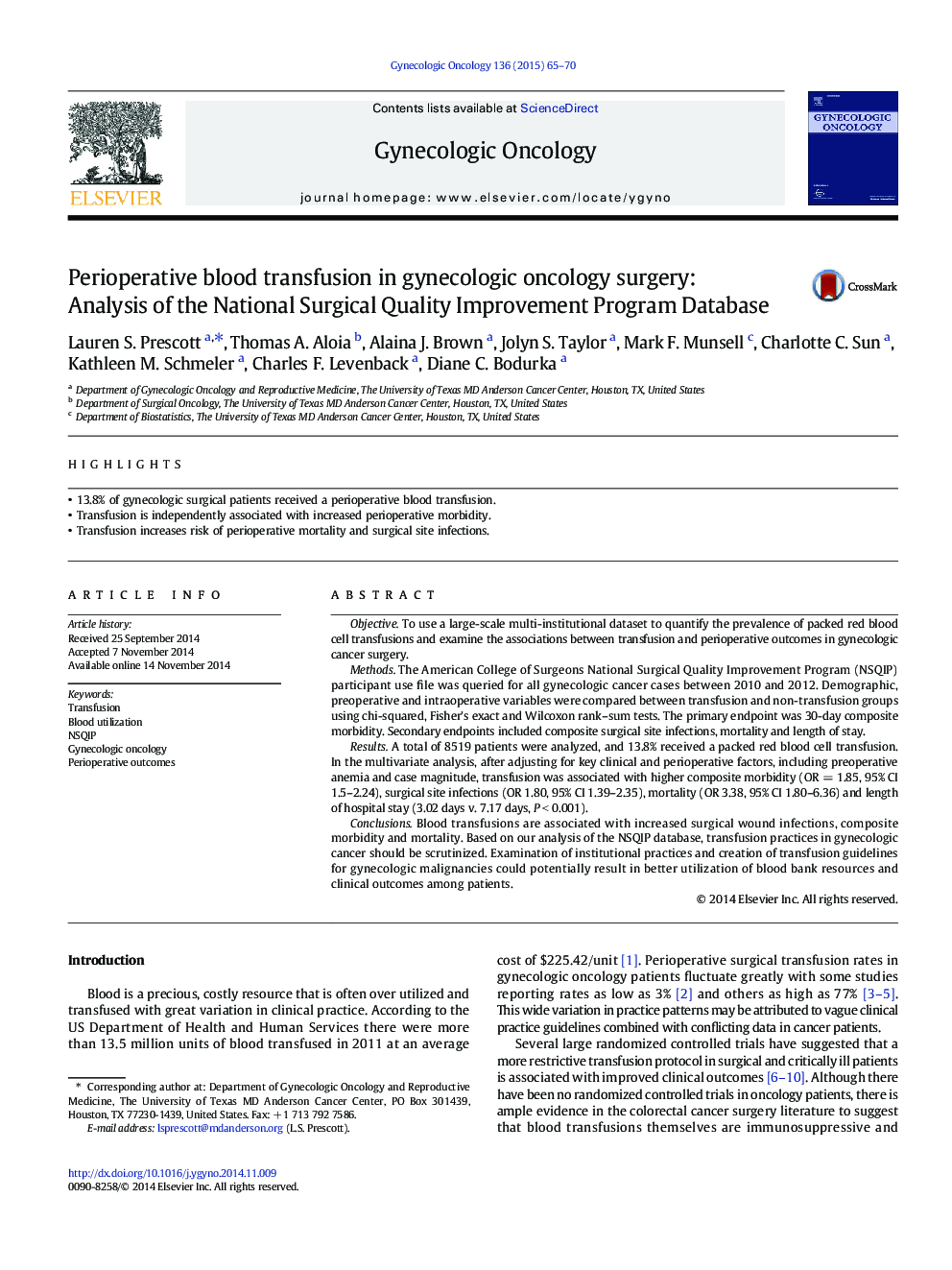 Perioperative blood transfusion in gynecologic oncology surgery: Analysis of the National Surgical Quality Improvement Program Database