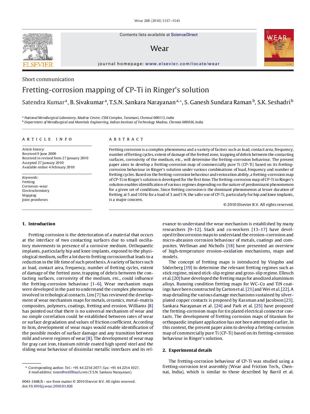 Fretting-corrosion mapping of CP-Ti in Ringer's solution