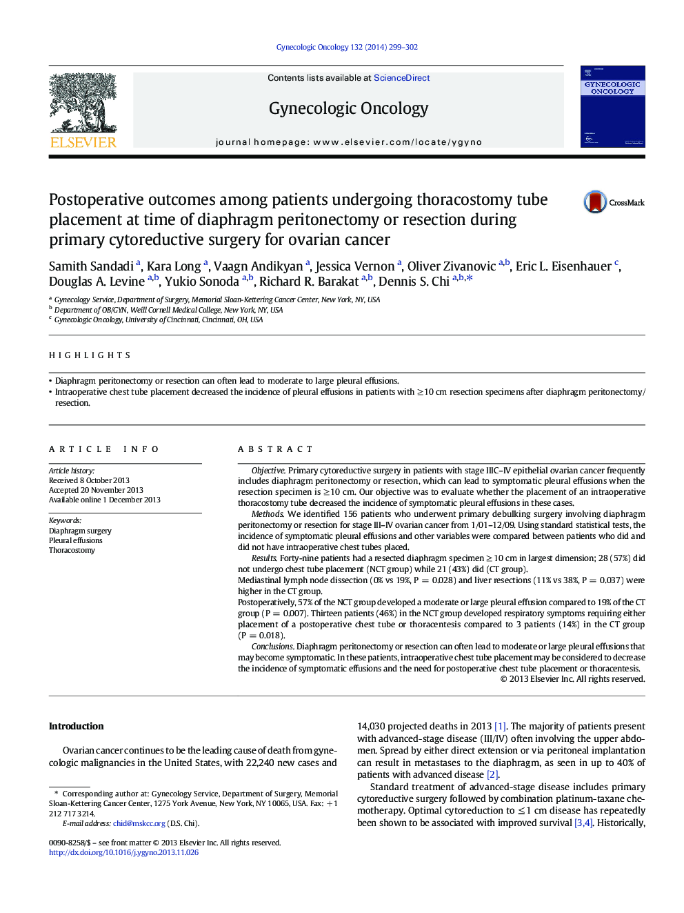 Postoperative outcomes among patients undergoing thoracostomy tube placement at time of diaphragm peritonectomy or resection during primary cytoreductive surgery for ovarian cancer