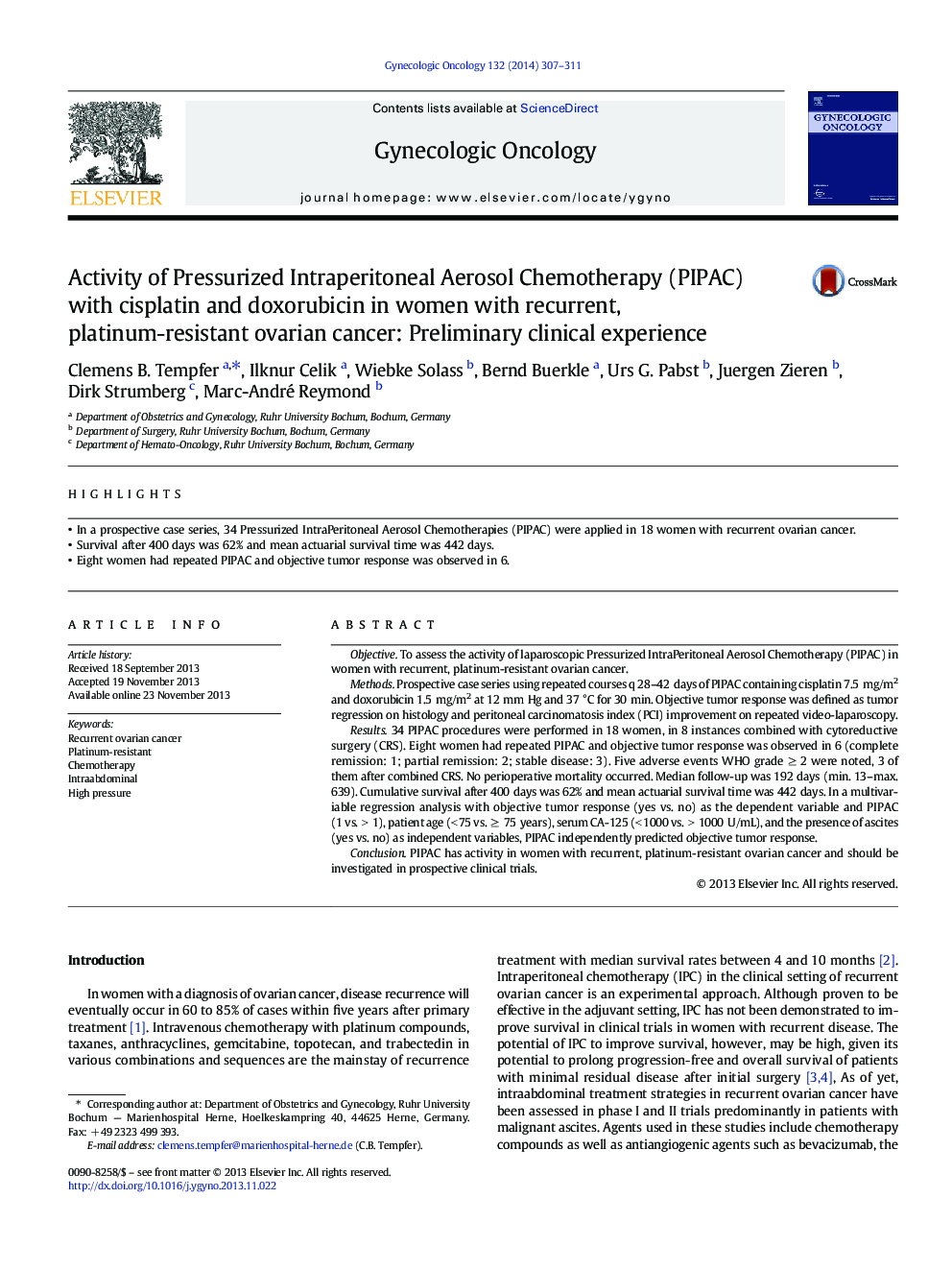 Activity of Pressurized Intraperitoneal Aerosol Chemotherapy (PIPAC) with cisplatin and doxorubicin in women with recurrent, platinum-resistant ovarian cancer: Preliminary clinical experience