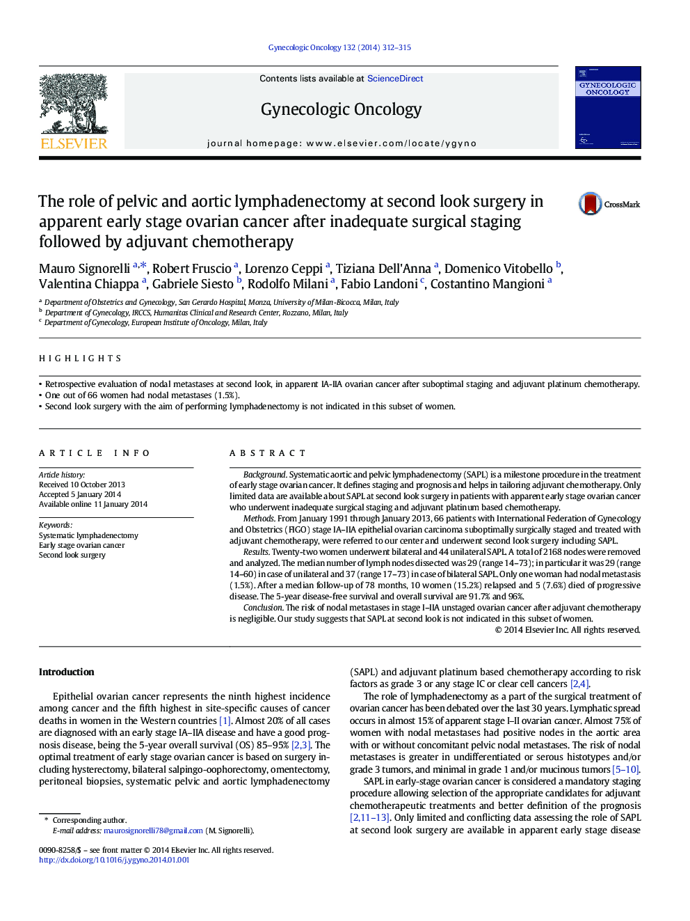 The role of pelvic and aortic lymphadenectomy at second look surgery in apparent early stage ovarian cancer after inadequate surgical staging followed by adjuvant chemotherapy