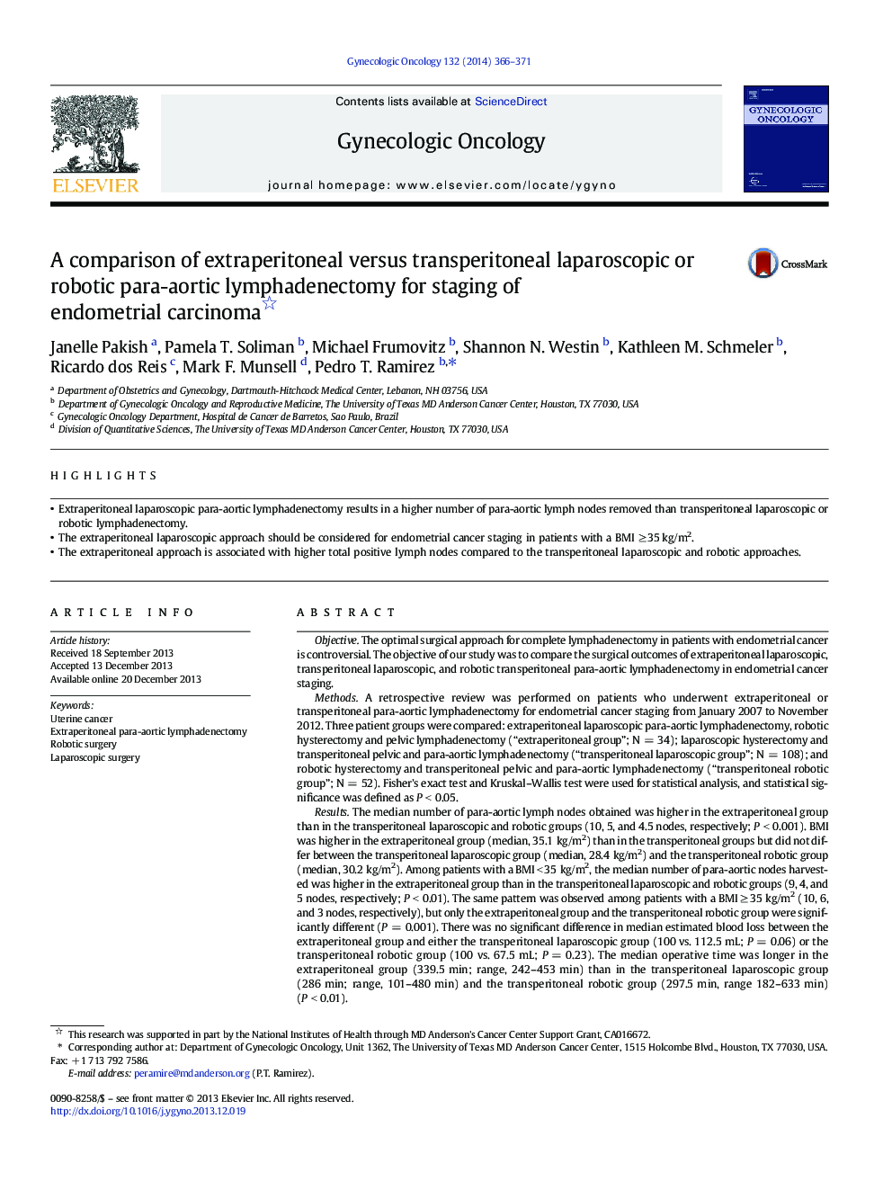 A comparison of extraperitoneal versus transperitoneal laparoscopic or robotic para-aortic lymphadenectomy for staging of endometrial carcinoma