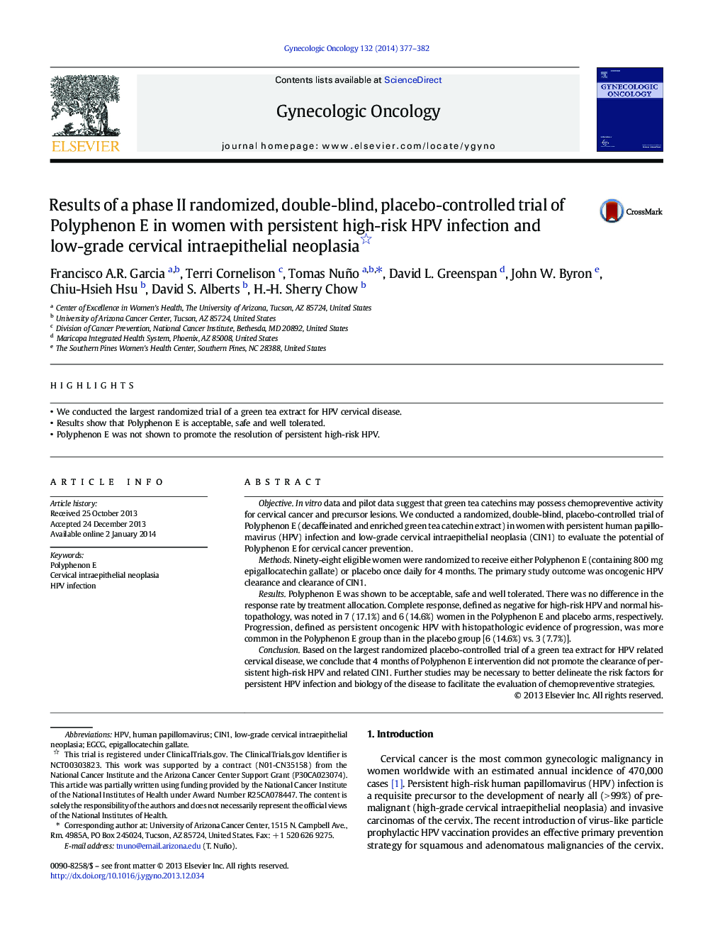 Results of a phase II randomized, double-blind, placebo-controlled trial of Polyphenon E in women with persistent high-risk HPV infection and low-grade cervical intraepithelial neoplasia