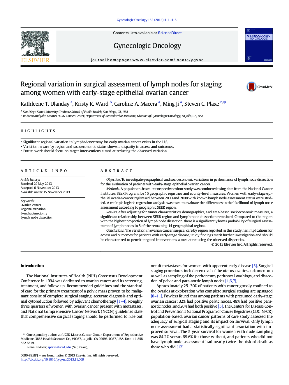 Regional variation in surgical assessment of lymph nodes for staging among women with early-stage epithelial ovarian cancer