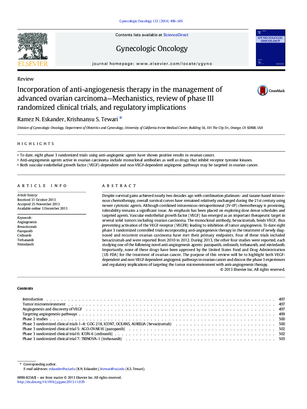 Incorporation of anti-angiogenesis therapy in the management of advanced ovarian carcinoma-Mechanistics, review of phase III randomized clinical trials, and regulatory implications