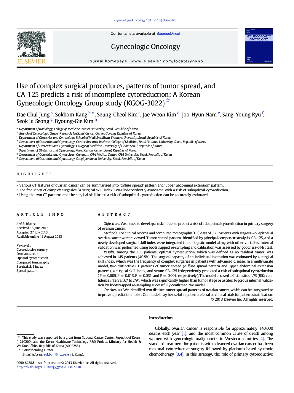 Use of complex surgical procedures, patterns of tumor spread, and CA-125 predicts a risk of incomplete cytoreduction: A Korean Gynecologic Oncology Group study (KGOG-3022)