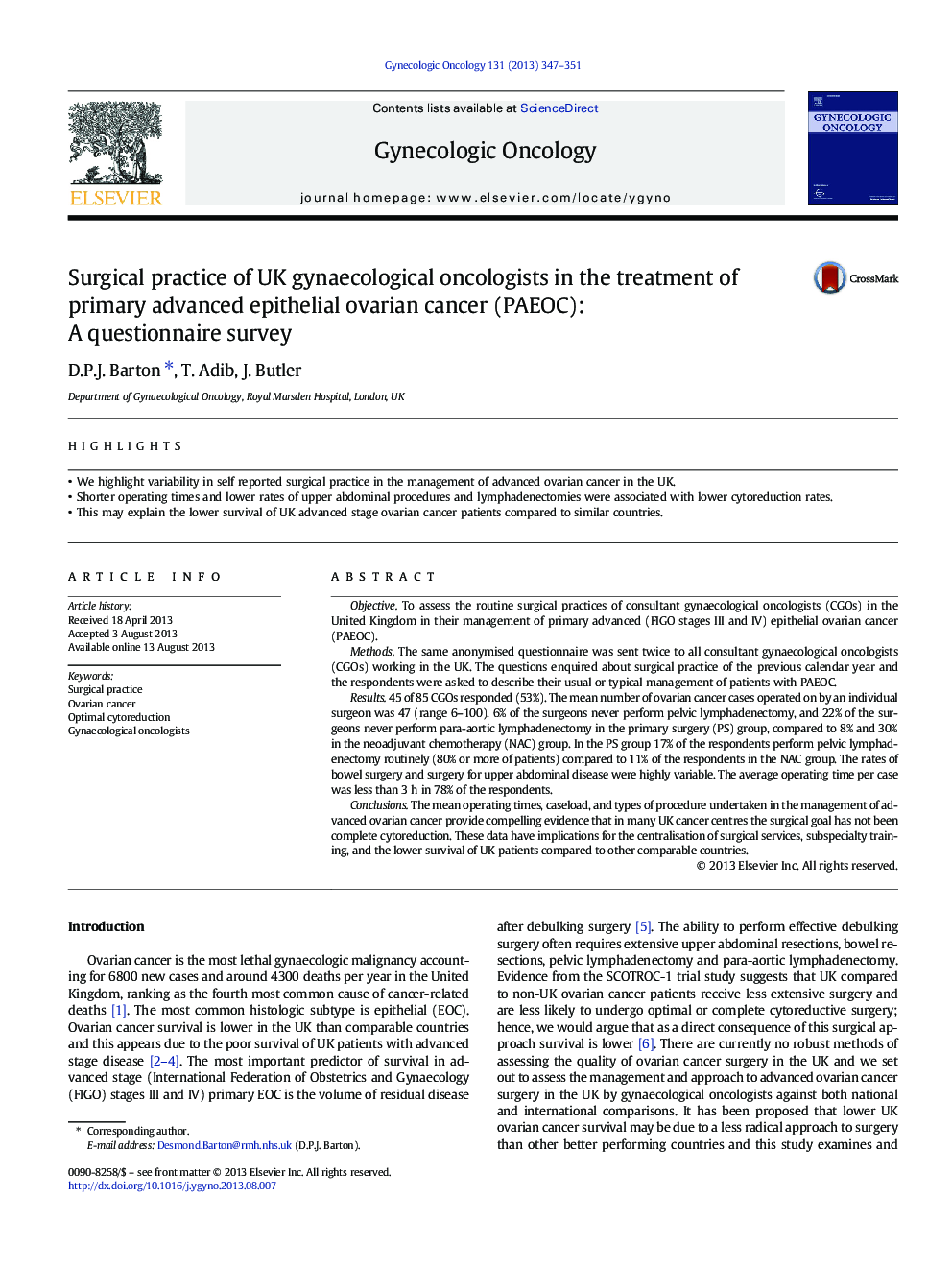 Surgical practice of UK gynaecological oncologists in the treatment of primary advanced epithelial ovarian cancer (PAEOC): A questionnaire survey