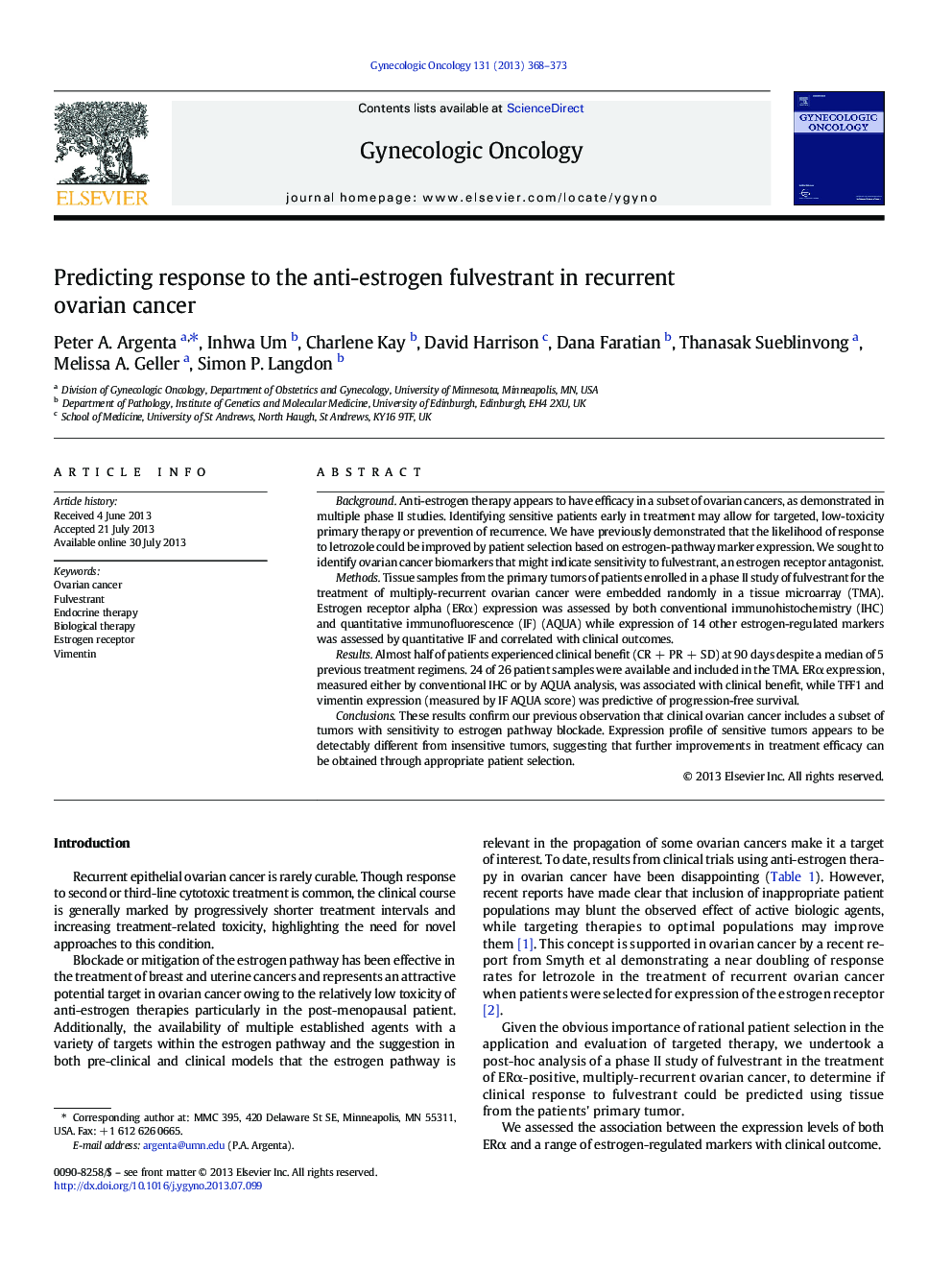 Predicting response to the anti-estrogen fulvestrant in recurrent ovarian cancer