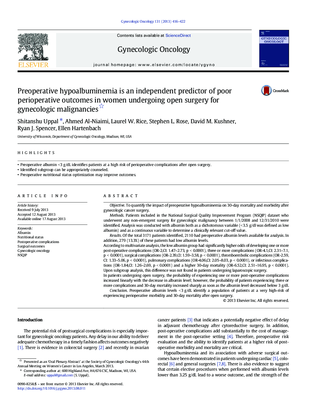 Preoperative hypoalbuminemia is an independent predictor of poor perioperative outcomes in women undergoing open surgery for gynecologic malignancies