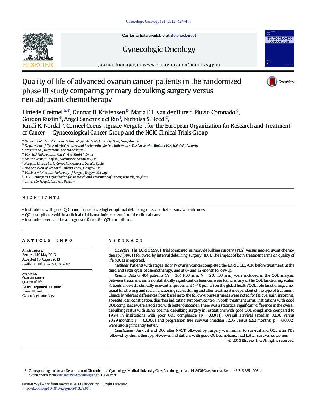 Quality of life of advanced ovarian cancer patients in the randomized phase III study comparing primary debulking surgery versus neo-adjuvant chemotherapy