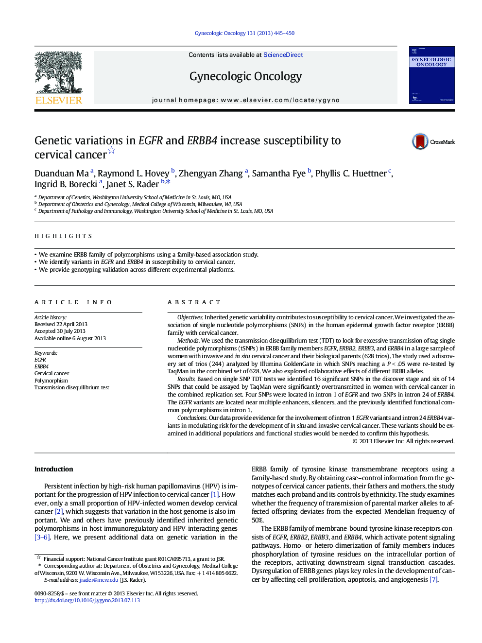 Genetic variations in EGFR and ERBB4 increase susceptibility to cervical cancer