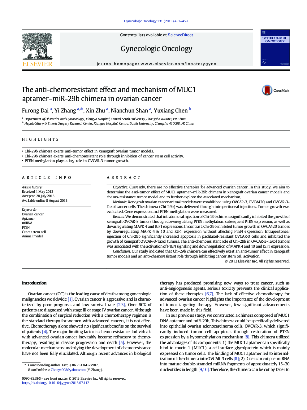 The anti-chemoresistant effect and mechanism of MUC1 aptamer-miR-29b chimera in ovarian cancer