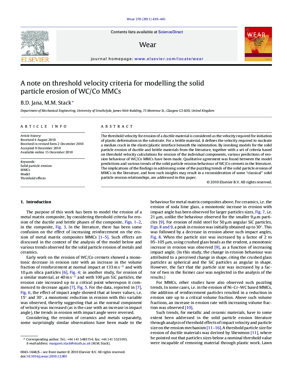 A note on threshold velocity criteria for modelling the solid particle erosion of WC/Co MMCs