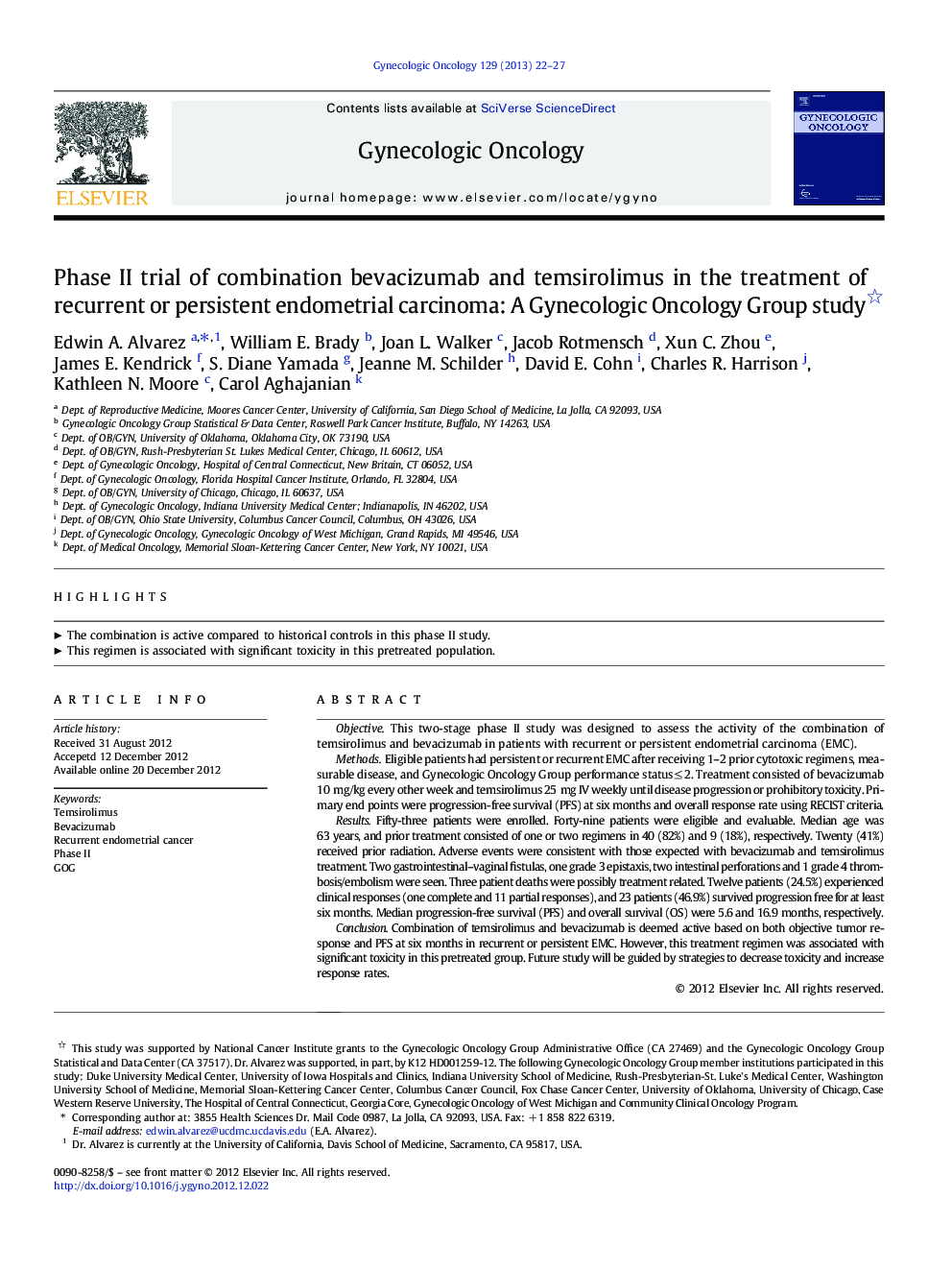 Phase II trial of combination bevacizumab and temsirolimus in the treatment of recurrent or persistent endometrial carcinoma: A Gynecologic Oncology Group study