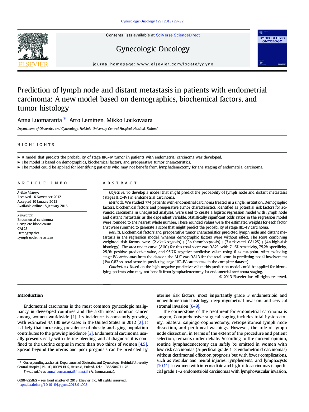 Prediction of lymph node and distant metastasis in patients with endometrial carcinoma: A new model based on demographics, biochemical factors, and tumor histology