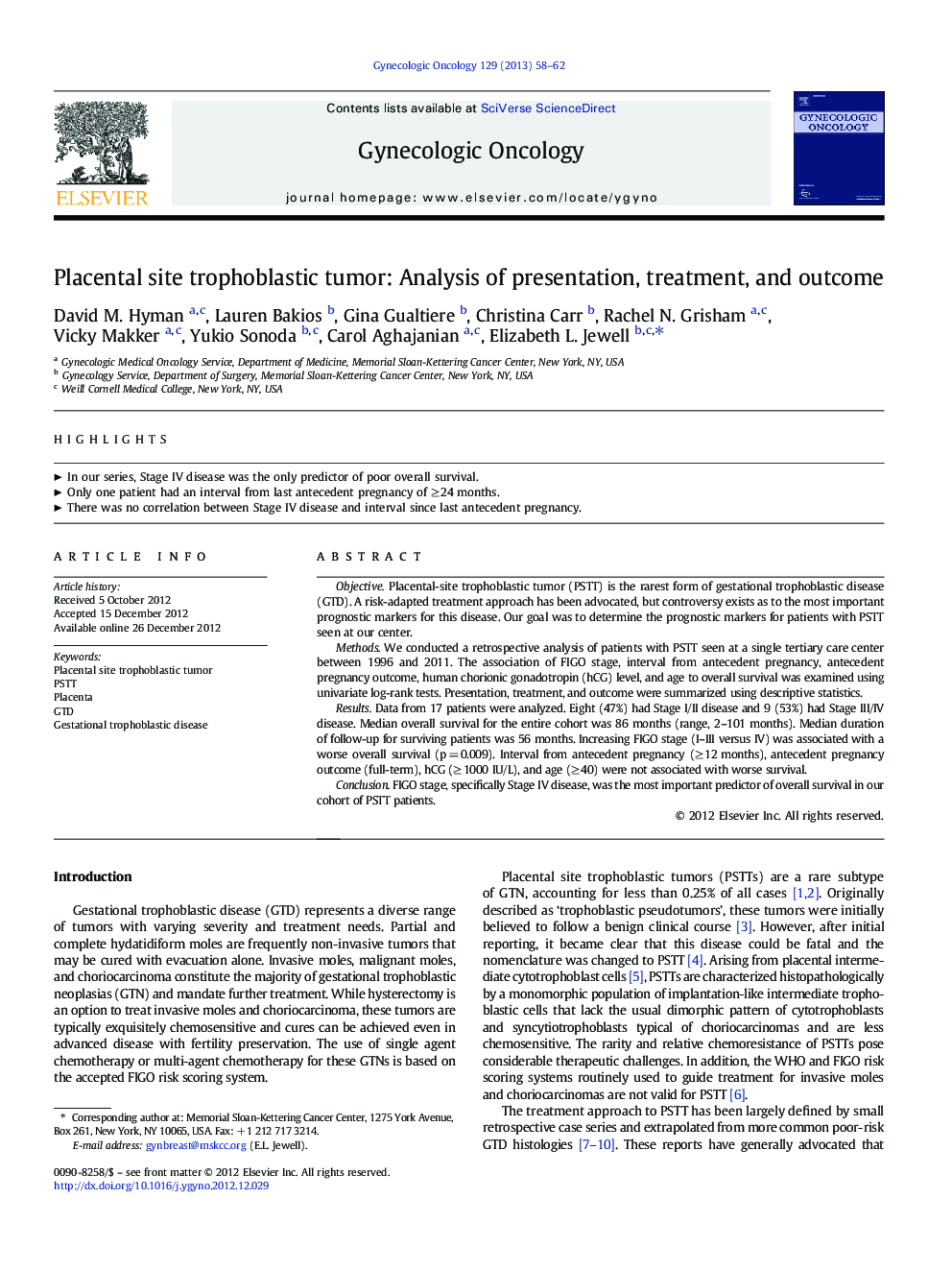 Placental site trophoblastic tumor: Analysis of presentation, treatment, and outcome