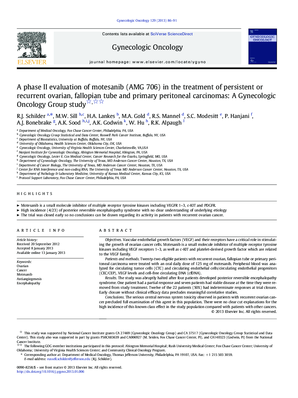 A phase II evaluation of motesanib (AMG 706) in the treatment of persistent or recurrent ovarian, fallopian tube and primary peritoneal carcinomas: A Gynecologic Oncology Group study