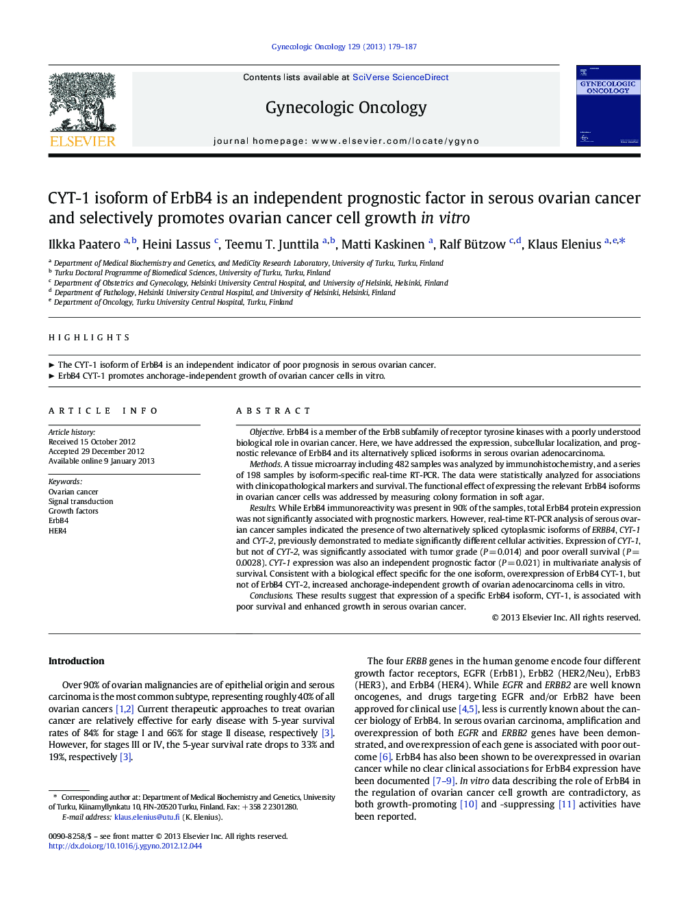 CYT-1 isoform of ErbB4 is an independent prognostic factor in serous ovarian cancer and selectively promotes ovarian cancer cell growth in vitro