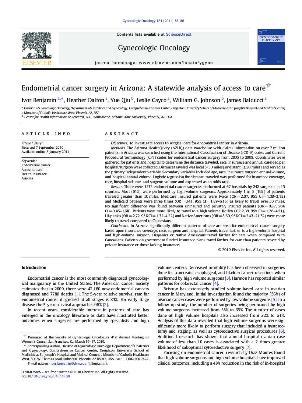 Endometrial cancer surgery in Arizona: A statewide analysis of access to care