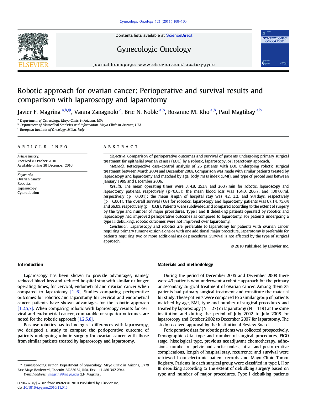 Robotic approach for ovarian cancer: Perioperative and survival results and comparison with laparoscopy and laparotomy