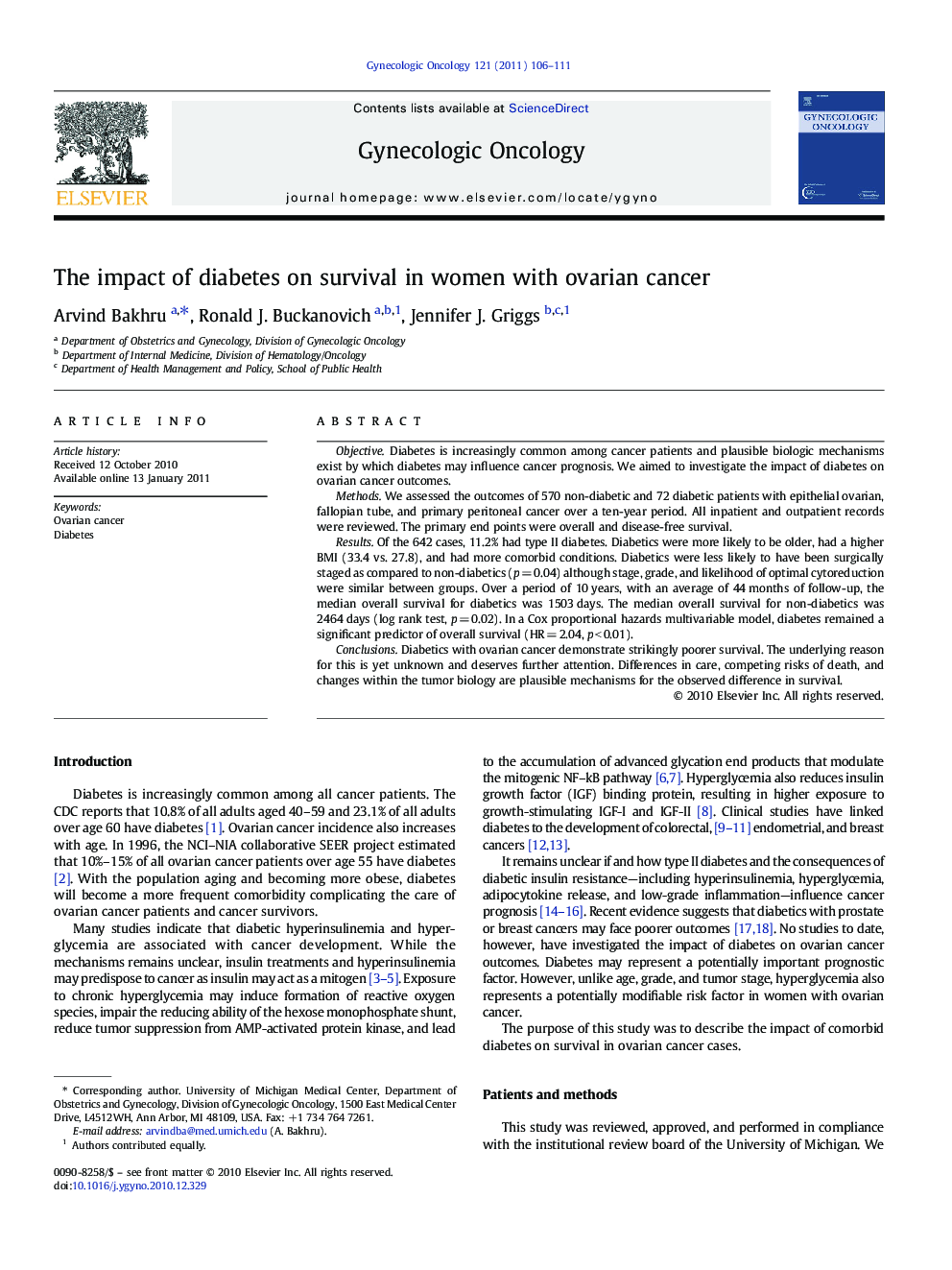 The impact of diabetes on survival in women with ovarian cancer