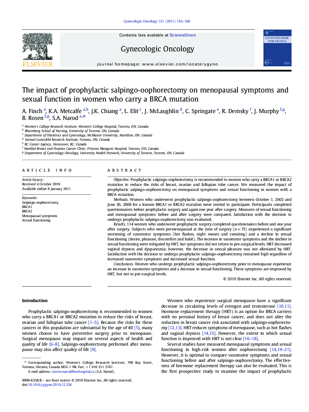 The impact of prophylactic salpingo-oophorectomy on menopausal symptoms and sexual function in women who carry a BRCA mutation