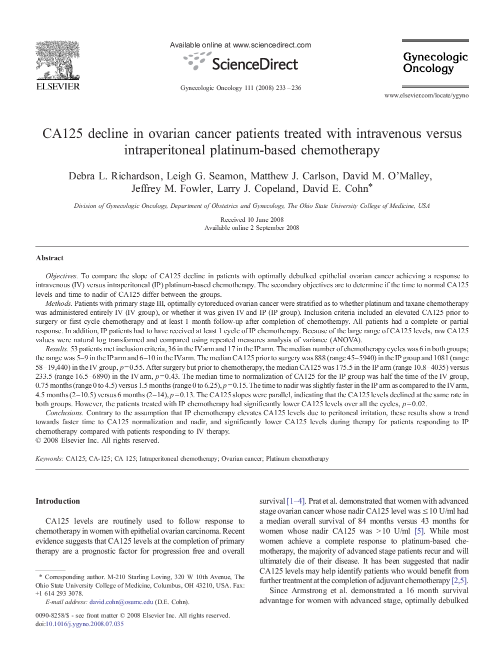 CA125 decline in ovarian cancer patients treated with intravenous versus intraperitoneal platinum-based chemotherapy