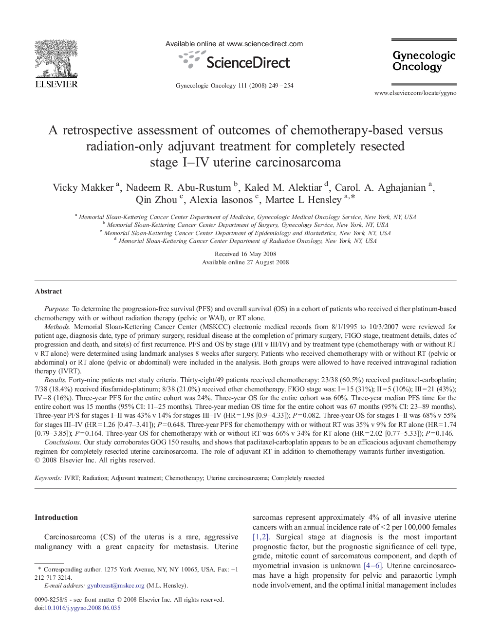 A retrospective assessment of outcomes of chemotherapy-based versus radiation-only adjuvant treatment for completely resected stage I-IV uterine carcinosarcoma