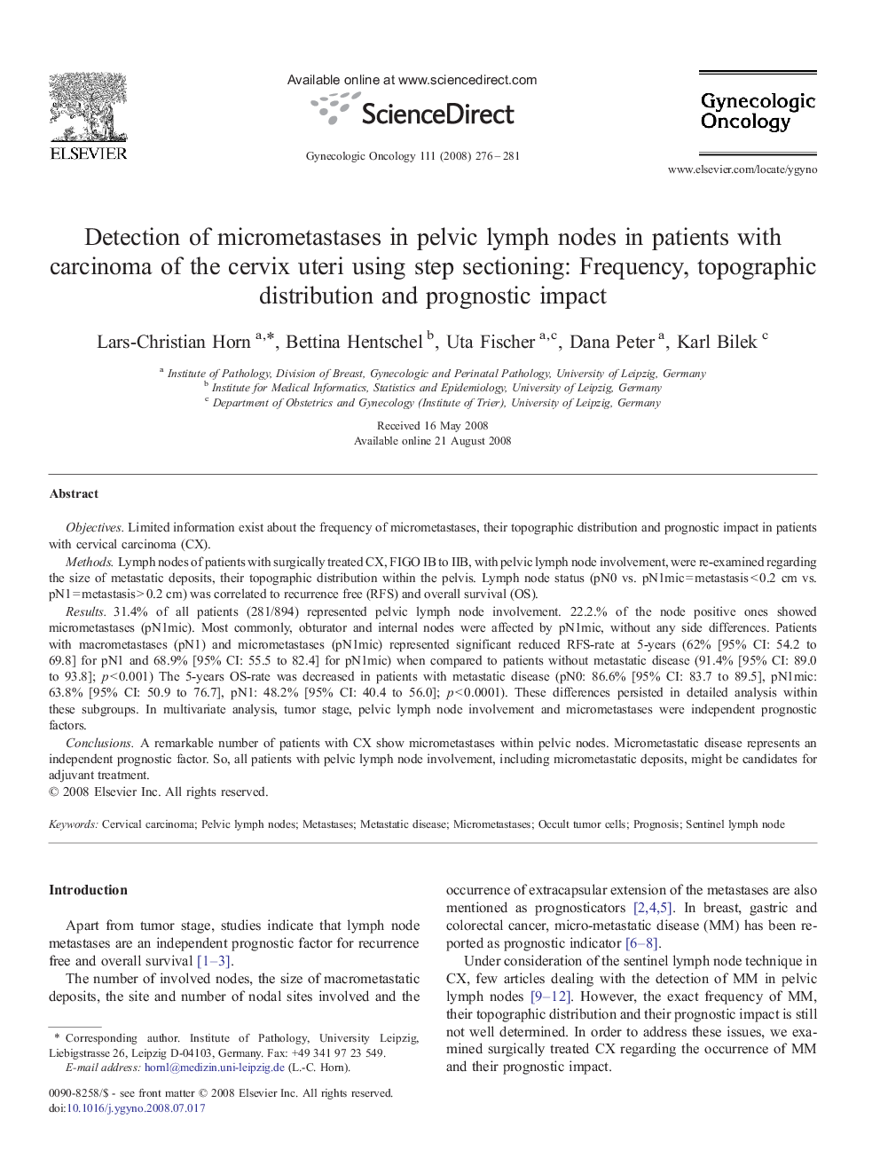 Detection of micrometastases in pelvic lymph nodes in patients with carcinoma of the cervix uteri using step sectioning: Frequency, topographic distribution and prognostic impact