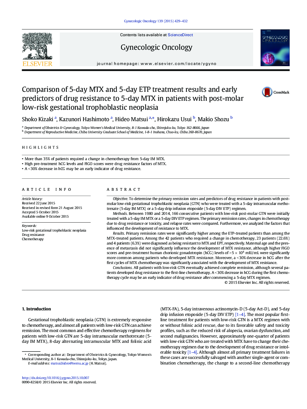 عکس صفحه اول مقاله: Comparison of 5-day MTX and 5-day ETP treatment results and early predictors of drug resistance to 5-day MTX in patients with post-molar low-risk gestational trophoblastic neoplasia Comparison of 5-day MTX and 5-day ETP treatment results and early predictors of drug resistance to 5-day MTX in patients with post-molar low-risk gestational trophoblastic neoplasia