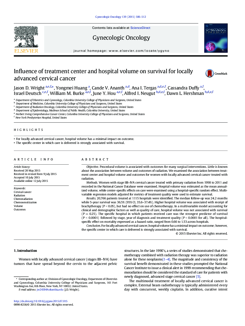 Influence of treatment center and hospital volume on survival for locally advanced cervical cancer