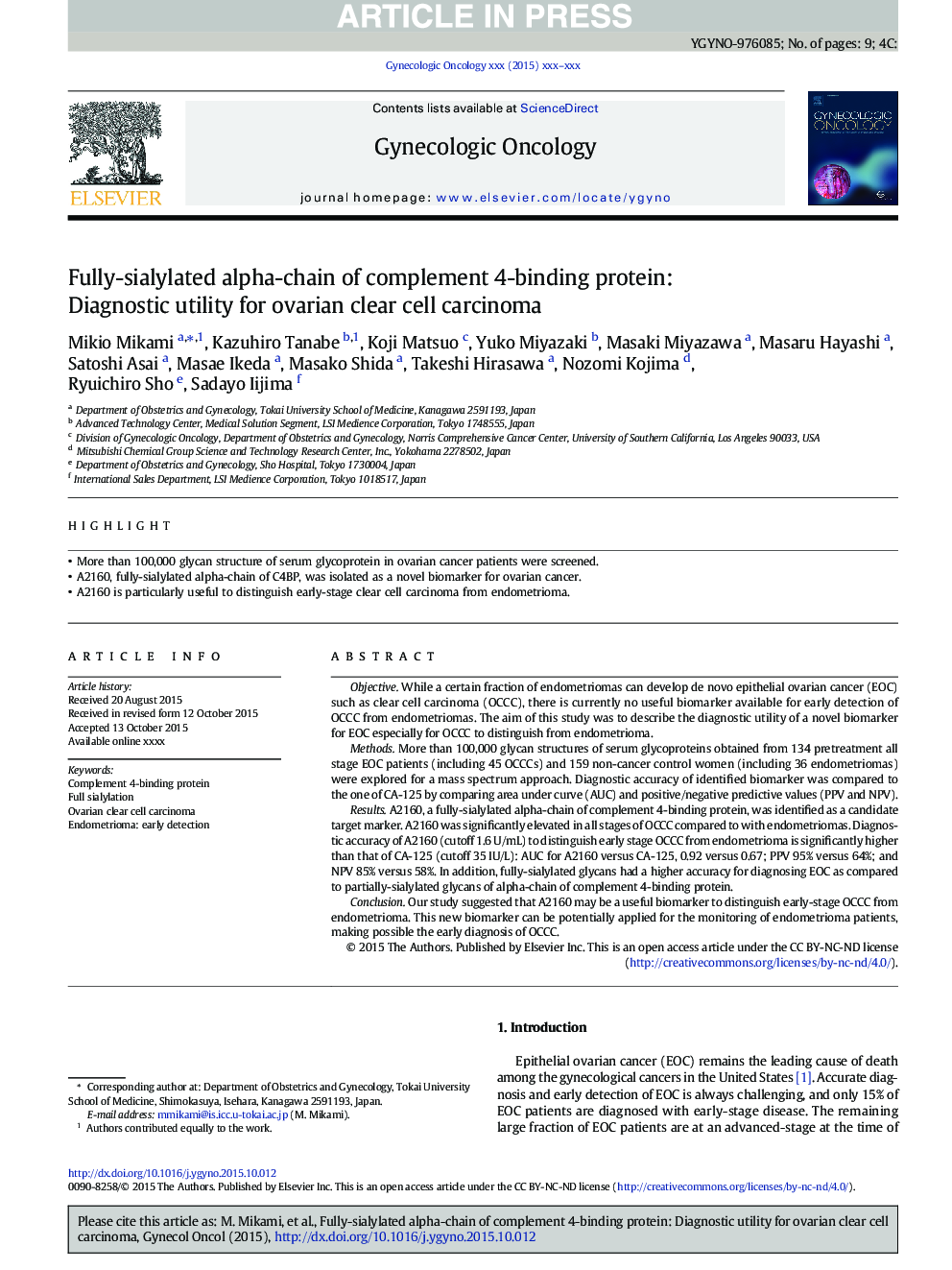 Fully-sialylated alpha-chain of complement 4-binding protein: Diagnostic utility for ovarian clear cell carcinoma