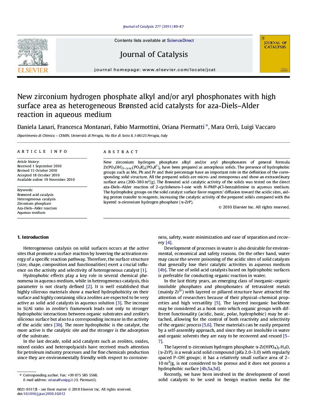 New zirconium hydrogen phosphate alkyl and/or aryl phosphonates with high surface area as heterogeneous Brønsted acid catalysts for aza-Diels–Alder reaction in aqueous medium