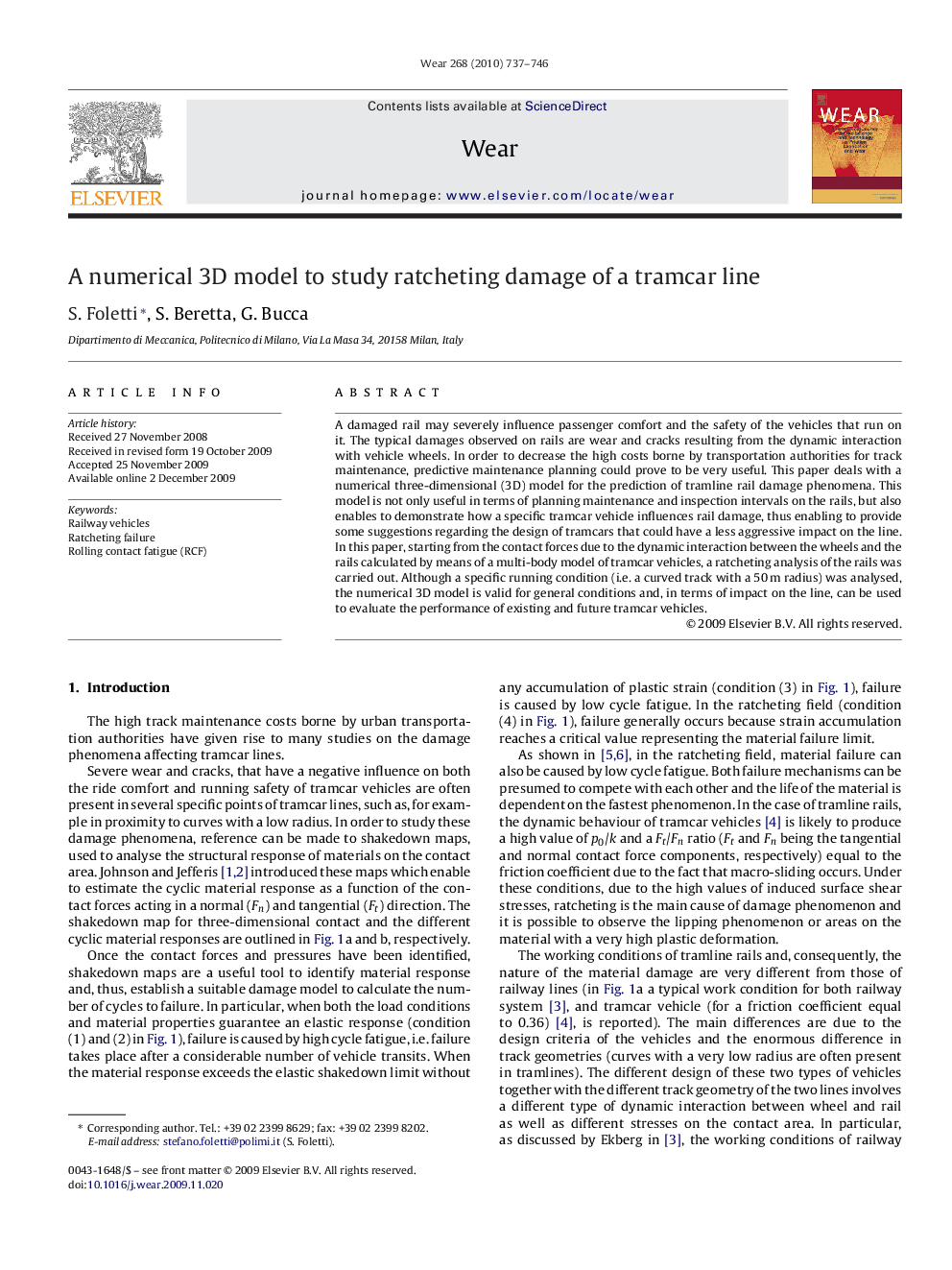 A numerical 3D model to study ratcheting damage of a tramcar line