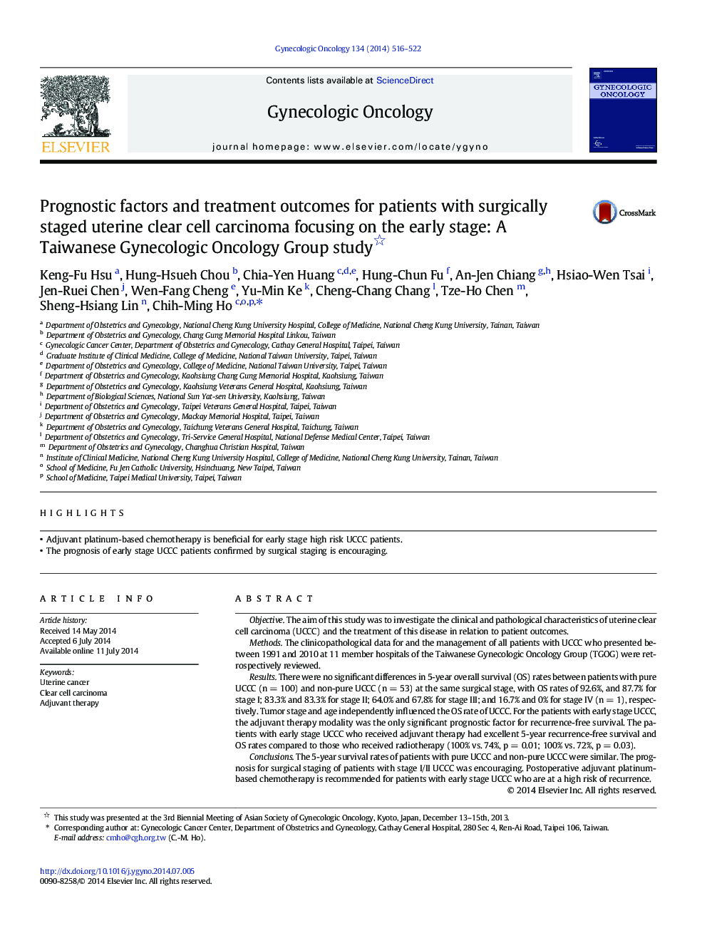 Prognostic factors and treatment outcomes for patients with surgically staged uterine clear cell carcinoma focusing on the early stage: A Taiwanese Gynecologic Oncology Group study