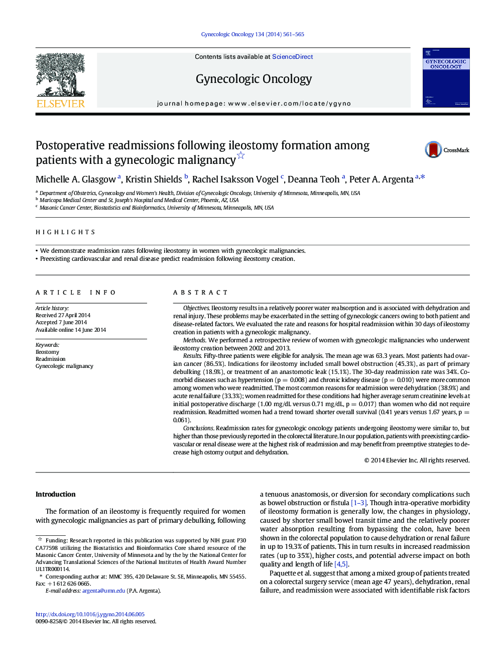 Postoperative readmissions following ileostomy formation among patients with a gynecologic malignancy