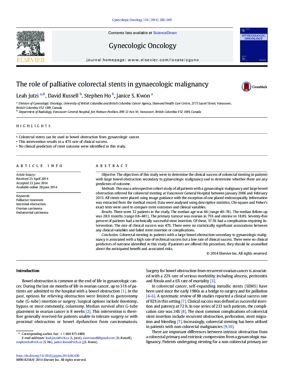 The role of palliative colorectal stents in gynaecologic malignancy