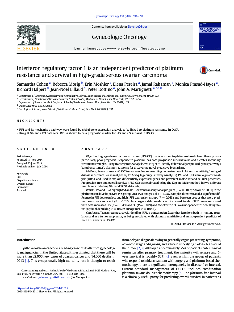 Interferon regulatory factor 1 is an independent predictor of platinum resistance and survival in high-grade serous ovarian carcinoma