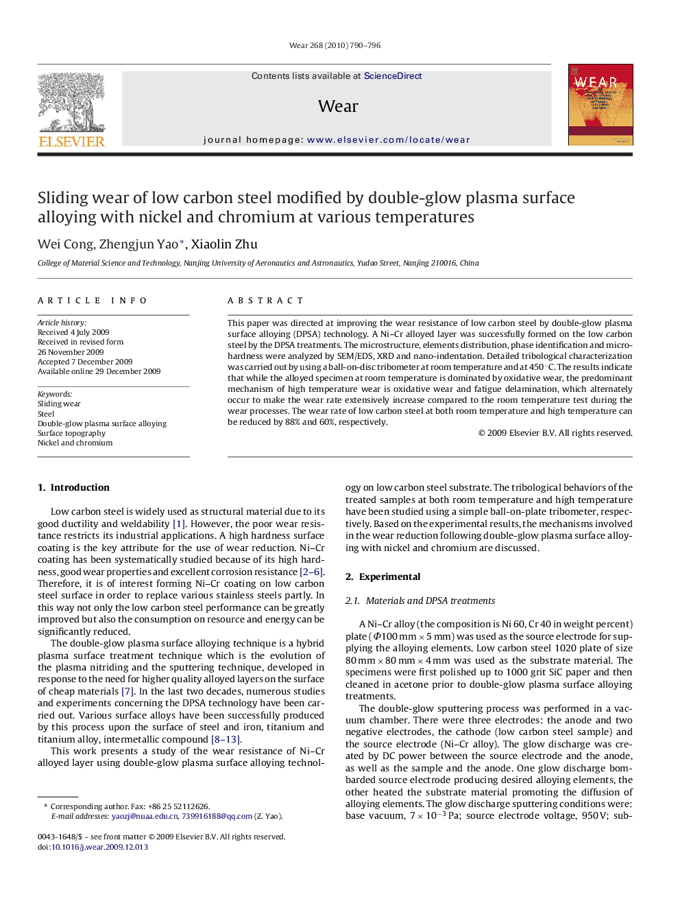 Sliding wear of low carbon steel modified by double-glow plasma surface alloying with nickel and chromium at various temperatures