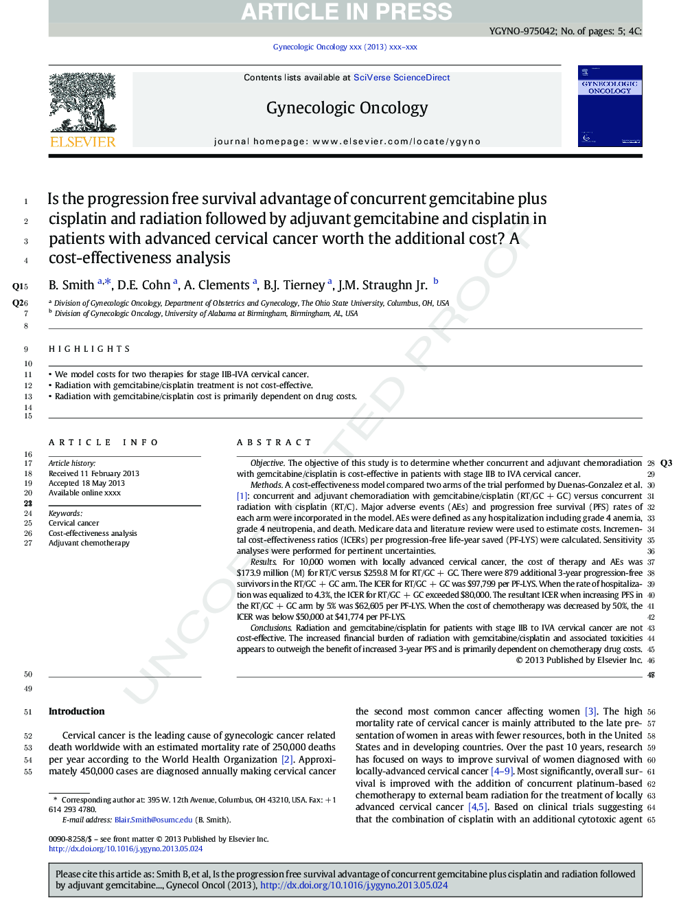 Is the progression free survival advantage of concurrent gemcitabine plus cisplatin and radiation followed by adjuvant gemcitabine and cisplatin in patients with advanced cervical cancer worth the additional cost? A cost-effectiveness analysis